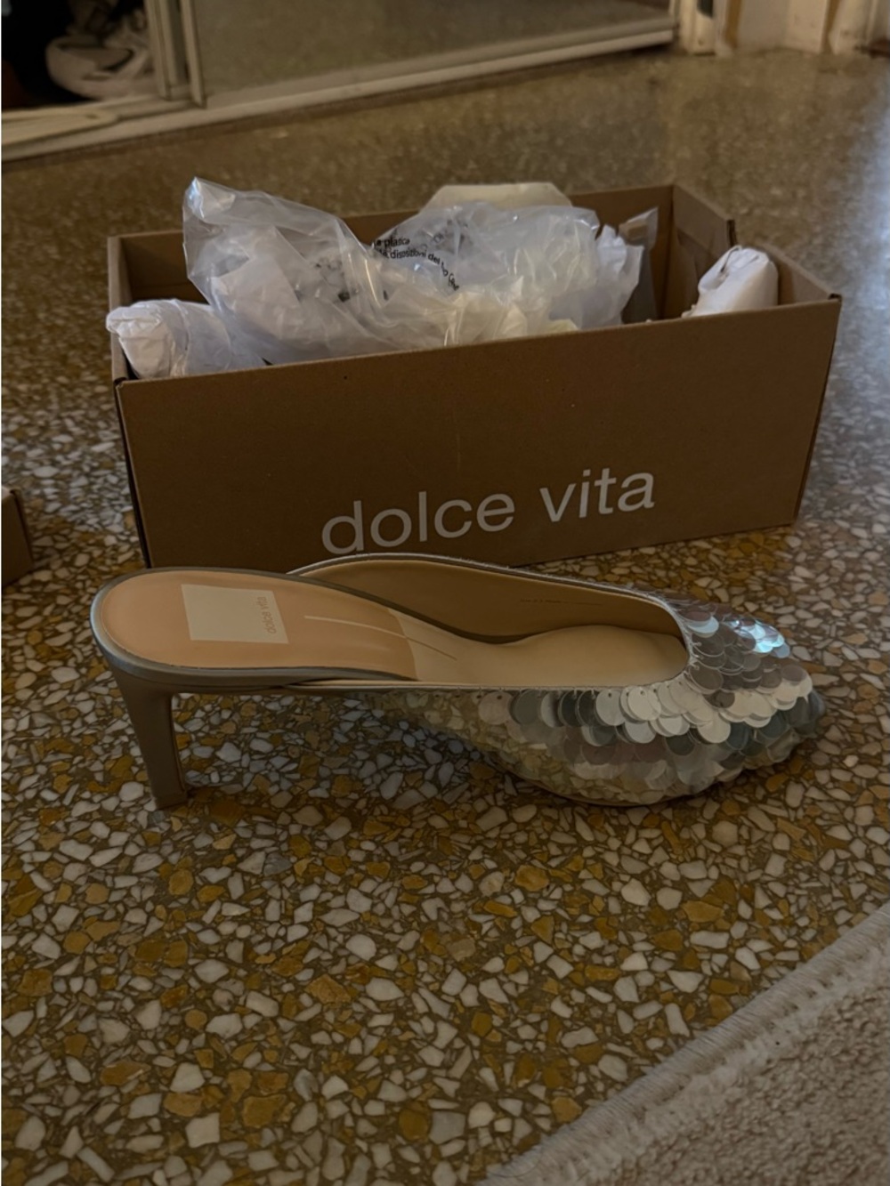 Dolce Vita Silver Sequin Mule Heels